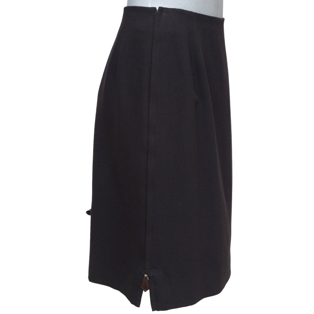 HERMES Skirt Wool Dark Brown Straight Cut Classic Leather Zipper Sz 40 VINTAGE